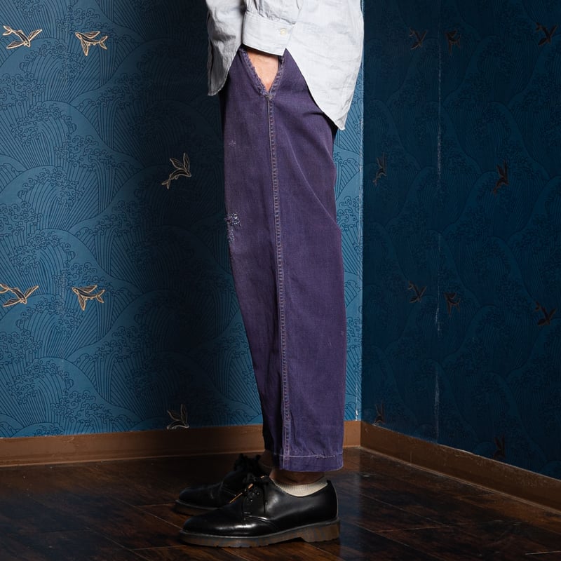 40-50s ファーマーズ 針式シンチバック コットン ブルー ワークパンツ 40-50s France Vintage Blue Cotton Twill Work Tr