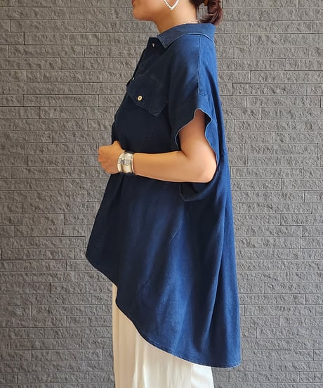 バックロゴテープフレンチスリーブデニムシャツ 652-35503 / NUS