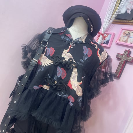 鶴柄フリルチュールチャイナシャツ