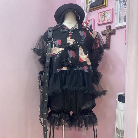 鶴柄フリルチュールチャイナシャツ