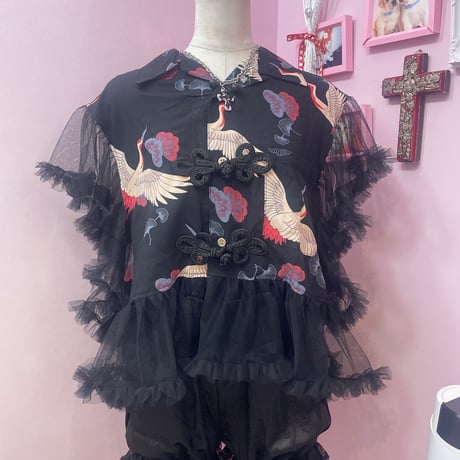 鶴柄フリルチュールチャイナシャツ