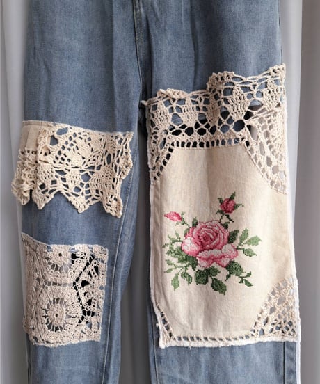mother's made　606501　バラ刺繍デニムパンツ（短）
