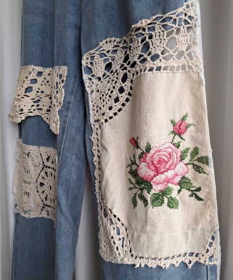 mother's made　606501　バラ刺繍デニムパンツ（長）