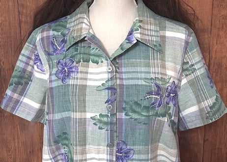 チェック アロハ ハワイアン 柄 シャツ 刺繍 半袖 花 ハイビスカス カラフル おしゃれ かわいい ヴィンテージ used vintage 古着/club723(N819)