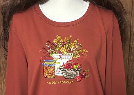刺繍 スウェット トレーナー 花 りんご 秋 テコラッタ オレンジブラウン 茶色 レンガ色 二重襟 レトロ カントリー USA vintage used 古着/club723 クラブ723(N843)