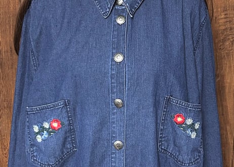 刺繍 デニム シャツ ジャケット ライト アウター 長袖 ヨーロッパ ヴィンテージ 刺繍 カントリー チロル レトロ おしゃれ かわいい 古着/club723 クラブ723(N839)