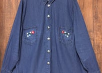 刺繍 デニム シャツ ジャケット ライト アウター 長袖 ヨーロッパ ヴィンテージ 刺繍 カントリー チロル レトロ おしゃれ かわいい 古着/club723 クラブ723(N839)