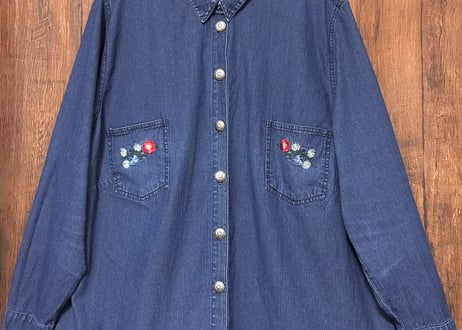 刺繍 デニム シャツ ジャケット ライト アウター 長袖 ヨーロッパ ヴィンテージ 刺繍 カントリー チロル レトロ おしゃれ かわいい 古着/club723 クラブ723(N839)
