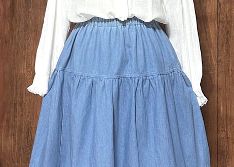 デニム ロング ティアード ボリューム スカート ヴィンテージ カントリー レトロ ガーリー おしゃれ かわいい USA vintage used 古着/club723 クラブ723(N823)