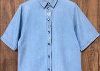 刺繍 デニム シャツ 半袖 ヨーロッパ ヴィンテージ カントリー チロル チロリアン エーデルワイス レトロ おしゃれ かわいい 古着/club723 クラブ723(N832)