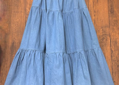 デニム ロング ティアード ボリューム スカート ヴィンテージ カントリー レトロ ガーリー おしゃれ かわいい USA vintage used 古着/club723 クラブ723(N823)