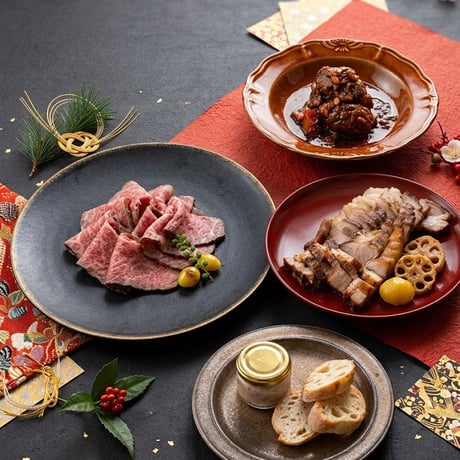 《配送》2027豪華トリプル！おせち一段&12ケ月のオードブル二段＆肉肉セット