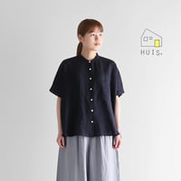 HUIS.  シャトルリネンライトバンドカラー半袖ワイドブラウス （ダークネイビー）U110