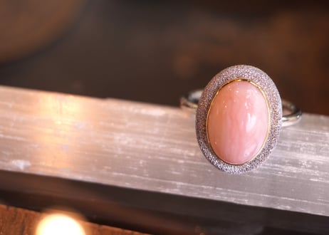 Aube ピンクオパール　ｋ18YG×SILVERリング