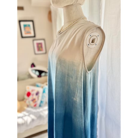 "藍indigo"cotton / linen Aラインワンピース