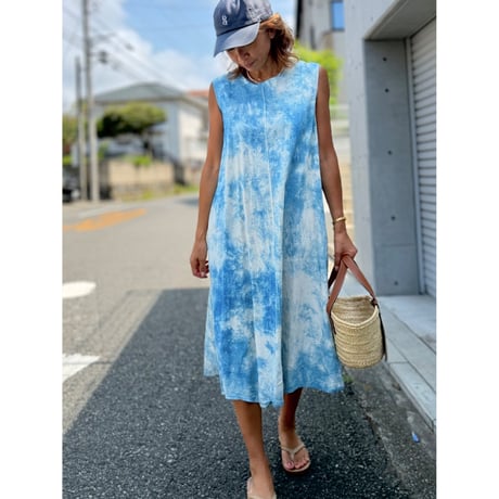 "藍indigo"cotton / linen Aラインワンピース