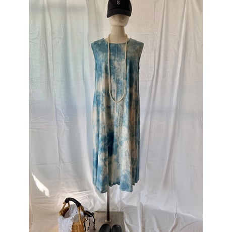 "藍indigo"cotton / linen Aラインワンピース