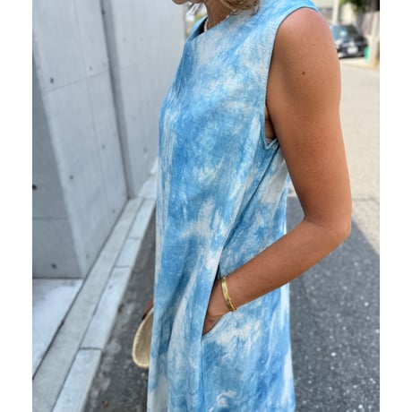 "藍indigo"cotton / linen Aラインワンピース