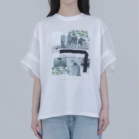 EimeeLaw    フォトコラージュプリント メッシュスリーブTシャツ     -ホワイト