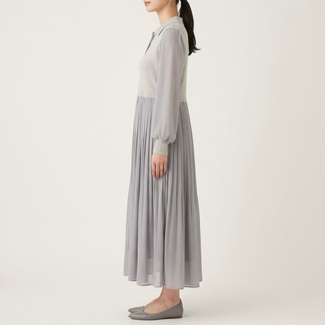 ATELIER SIX      14Gニットドッキングプリーツワンピース     -グレー