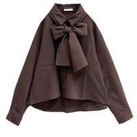 denicher ボウタイ付き凹凸チェックショート丈ブラウス -ブラウン