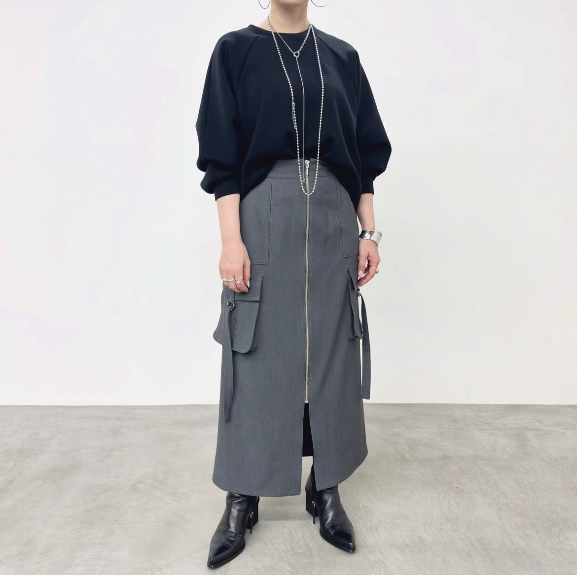 NUS フロントジップ カーゴロングスカート -グレー | grasol Nagasaki