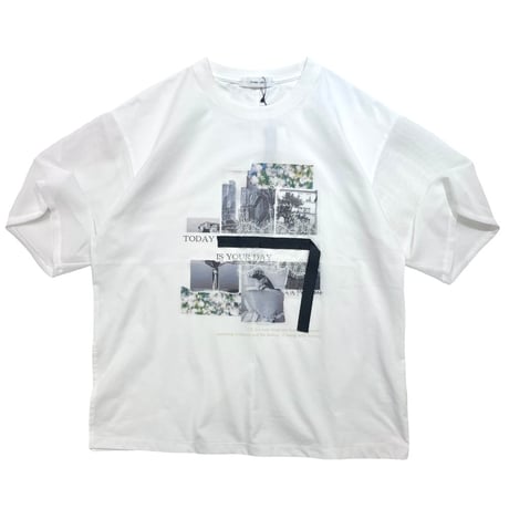 EimeeLaw    フォトコラージュプリント メッシュスリーブTシャツ     -ホワイト