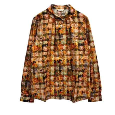 Parkes リバティプリント"Archive Gingham " 重ね丸襟ブラウス- オレンジ