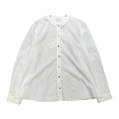 Parkes  リバティくるみボタンフリルカラー長袖シャツ-ホワイト