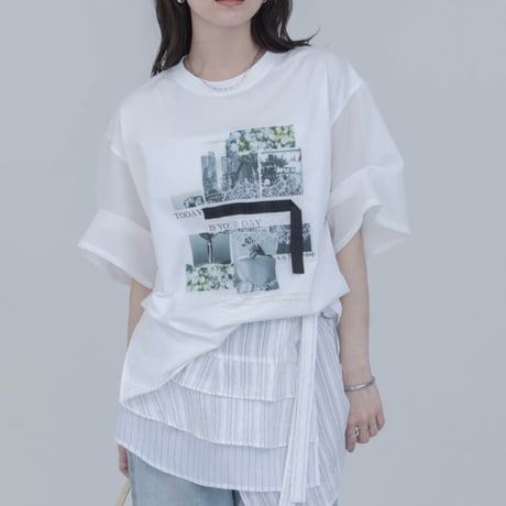 EimeeLaw    フォトコラージュプリント メッシュスリーブTシャツ     -ホワイト