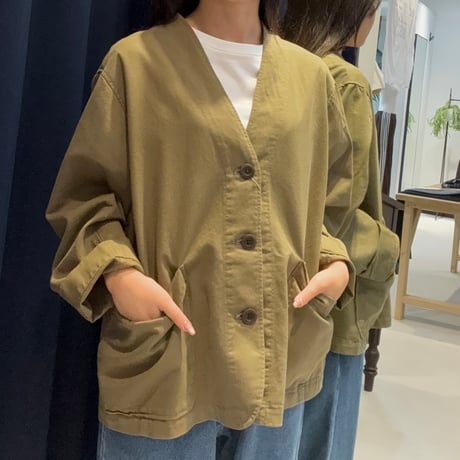 vent blanc | コットンレーヨンツイルノーカラージャケット  | 【Khaki】
