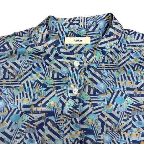 Parkes リバティプリント"Shoreline"スタンドカラーシャツワンピース- ブルー