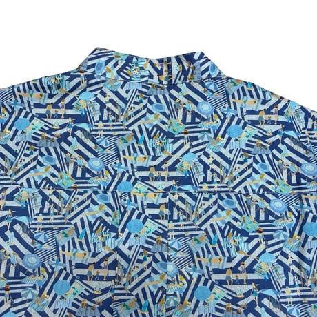 Parkes リバティプリント"Shoreline"スタンドカラーシャツワンピース- ブルー