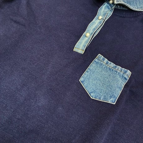 QTUME　もちもちニットxデニム シャツワンピース- ネイビー