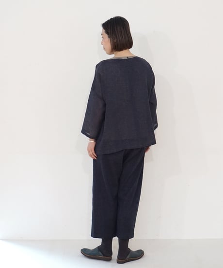パンツ すそタック 麻綿タビー 紺 6865lcBl