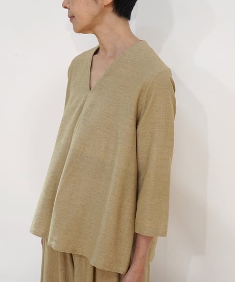 ブラウス Vネック タッサーシルクナーシ マスタード 6157tnY