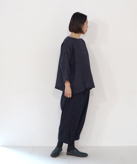 パンツ すそタック 麻綿タビー 紺 6865lcBl