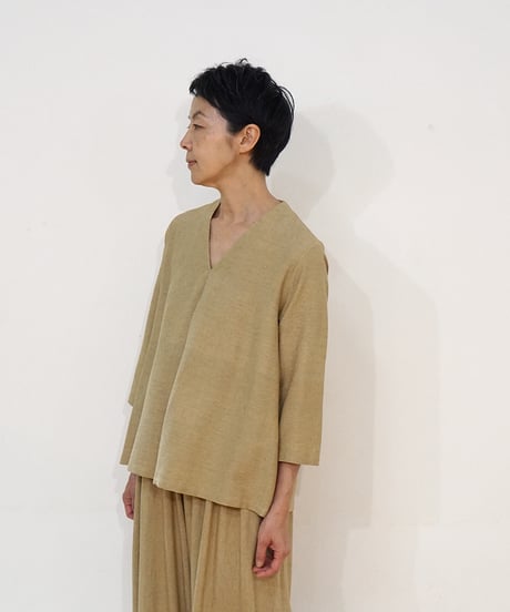 ブラウス Vネック タッサーシルクナーシ マスタード 6157tnY