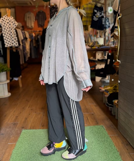 メッシュ×デニムシャツ-グレージュ-