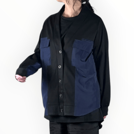 BLANCbasque - PEARL BUTTON. /  スムース×サテン切替カーディガン / PB64103 19black