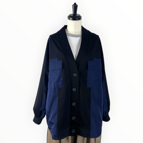 BLANCbasque - PEARL BUTTON. /  スムース×サテン切替カーディガン / PB64103 19black