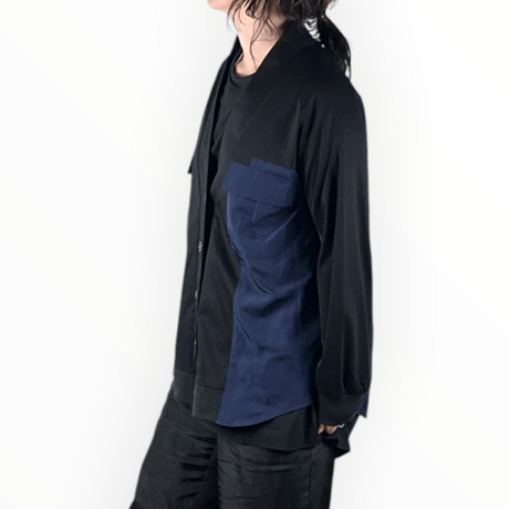 BLANCbasque - PEARL BUTTON. /  スムース×サテン切替カーディガン / PB64103 19black