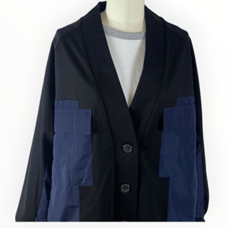 BLANCbasque - PEARL BUTTON. /  スムース×サテン切替カーディガン / PB64103 19black