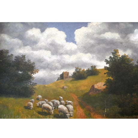 大樹の木陰、羊たちがいるふたつの風景_板絵(ペア)