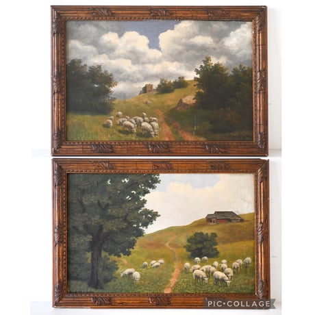 大樹の木陰、羊たちがいるふたつの風景_板絵(ペア)