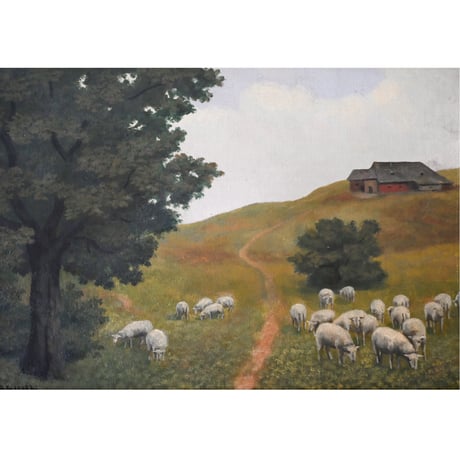 大樹の木陰、羊たちがいるふたつの風景_板絵(ペア)