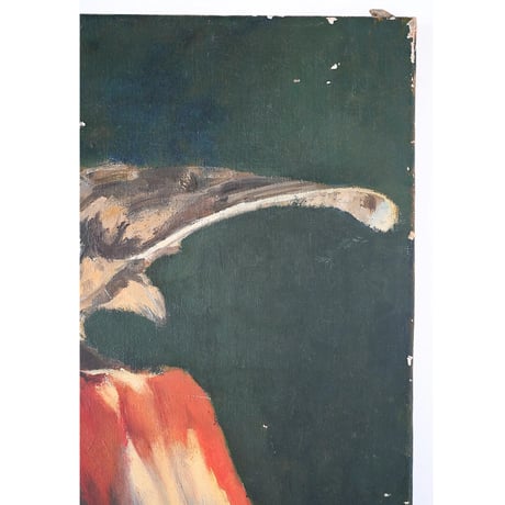 翼を広げた鳥とピシェ、果物が描かれた油彩画