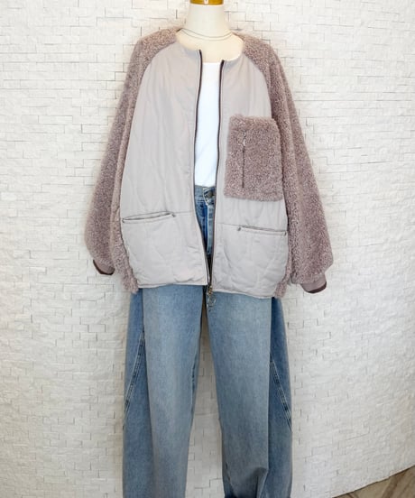 ボア×中綿キルト ノーカラーブルゾン