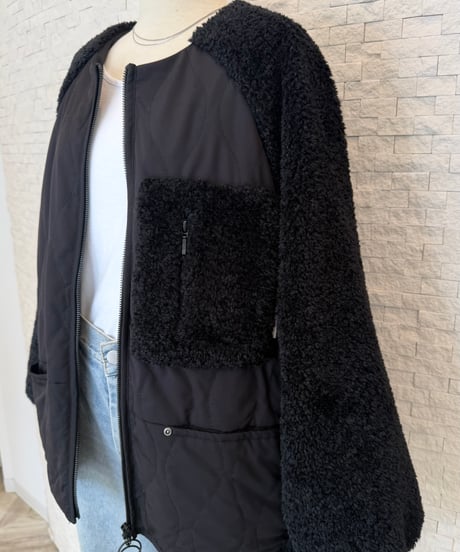ボア×中綿キルト ノーカラーブルゾン