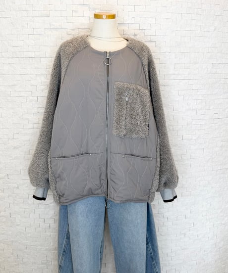 ボア×中綿キルト ノーカラーブルゾン